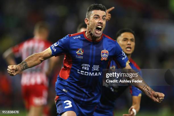 Jason Hoffman of the Jets celebrates his goal during the A-League Semi Final match between the Newcastle Jets and Melbourne City at McDonald Jones...