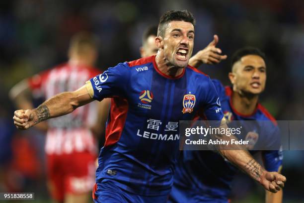 Jason Hoffman of the Jets celebrates his goal during the A-League Semi Final match between the Newcastle Jets and Melbourne City at McDonald Jones...