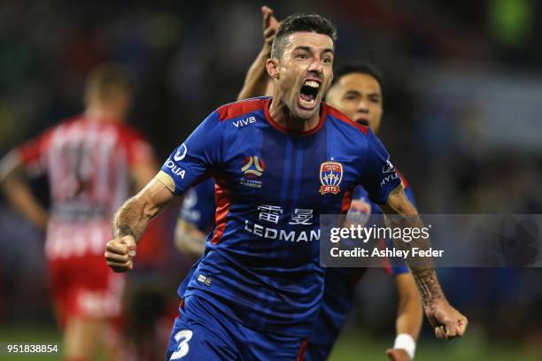 Jason Hoffman of the Jets celebrates his goal during the A-League Semi Final match between the Newcastle Jets and Melbourne City at McDonald Jones...