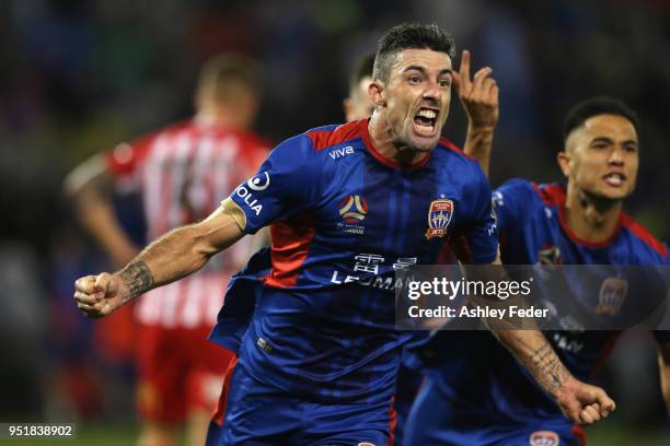 Jason Hoffman of the Jets celebrates his goal during the A-League Semi Final match between the Newcastle Jets and Melbourne City at McDonald Jones...