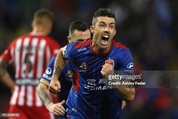 Jason Hoffman of the Jets celebrates his goal during the A-League Semi Final match between the Newcastle Jets and Melbourne City at McDonald Jones...
