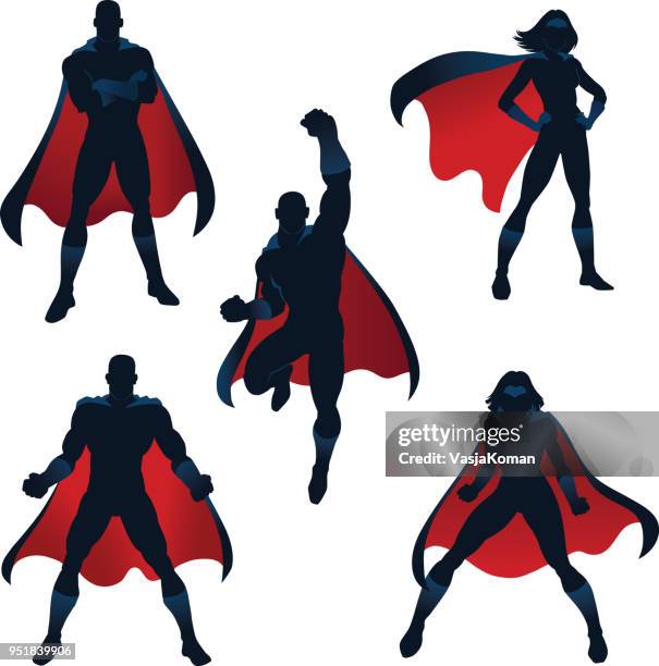 superhelden-silhouetten in rot und blau - cape stock-grafiken, -clipart, -cartoons und -symbole