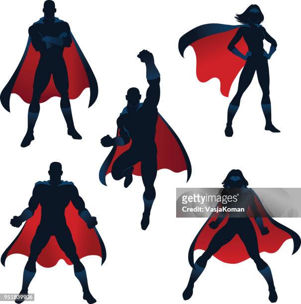 illustrazioni stock, clip art, cartoni animati e icone di tendenza di supereroi silhouette in rosso e blu - ritratto