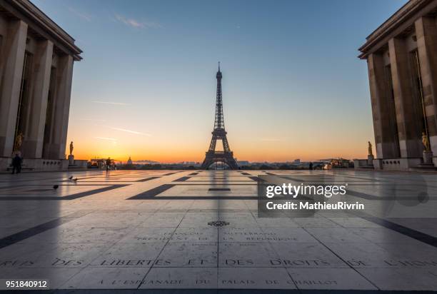 beginning of the day in paris from the eiffel tower and the trocadero - eiffel tower sunrise photos et images de collection