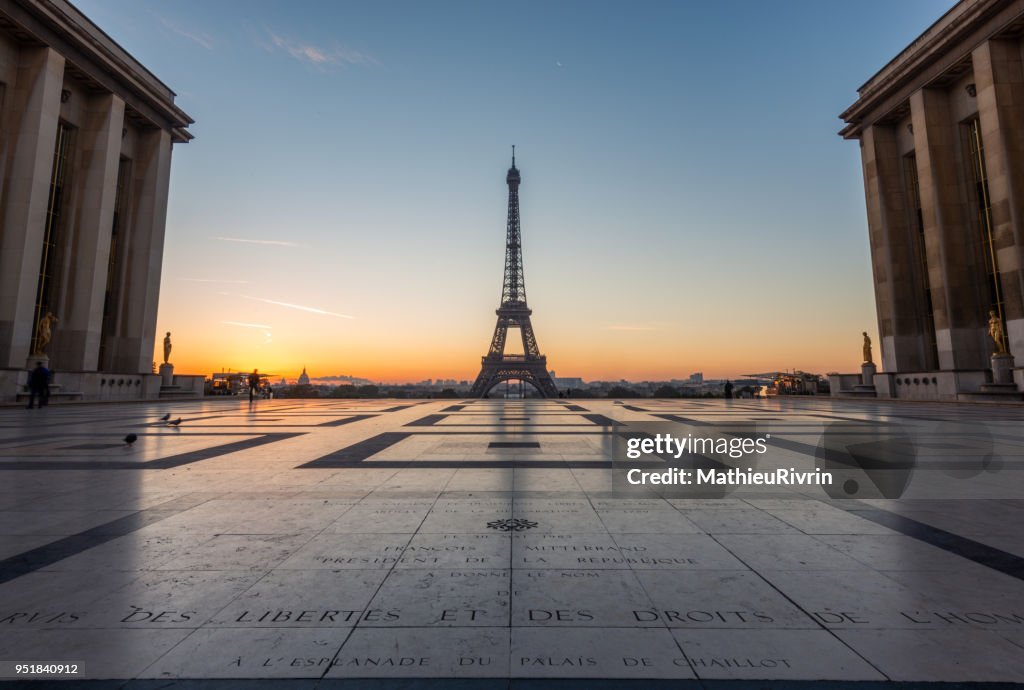 Beginning of the day in Paris from the Eiffel tower and the Trocadero