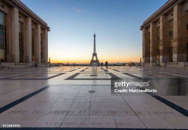 beginning of the day in paris from the eiffel tower and the trocadero - eiffel tower sunrise photos et images de collection