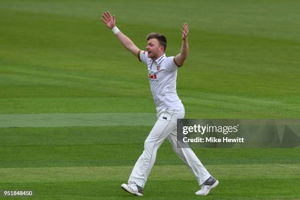 Sam Cook of Essex appeals unsuccessfully for lbw against Jimmy Adams of Hampshire during the Specsavers County Championship Division One match...