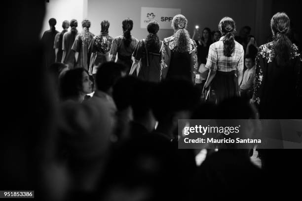 The final line of models walking runway during the Joao Pimenta fashion show during Sao Paulo Fashion Week N45 SPFW Summer 2019 at Brazilian Cultures...