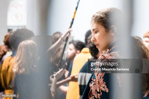 Model at the backstage before the Joao Pimenta fashion show during Sao Paulo Fashion Week N45 SPFW Summer 2019 at Brazilian Cultures Engineer Armando...