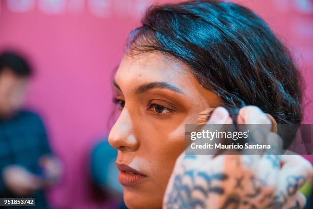 Model at the backstage before the Joao Pimenta fashion show during Sao Paulo Fashion Week N45 SPFW Summer 2019 at Brazilian Cultures Engineer Armando...