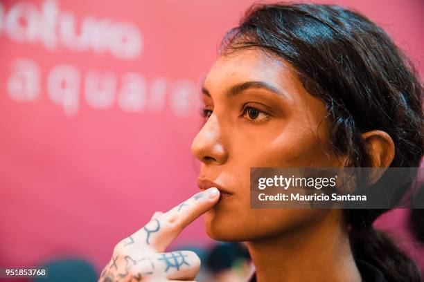 Model at the backstage before the Joao Pimenta fashion show during Sao Paulo Fashion Week N45 SPFW Summer 2019 at Brazilian Cultures Engineer Armando...