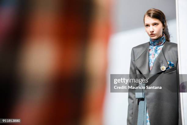 Model at the backstage before the Joao Pimenta fashion show during Sao Paulo Fashion Week N45 SPFW Summer 2019 at Brazilian Cultures Engineer Armando...