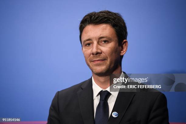 French Government's Spokesperson Benjamin Griveaux attends a press conference on April 27 following the weekly cabinet meeting at the Elysee...