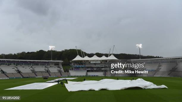 Rain interrupts play during the Specsavers County Championship Division One match between Hampshire and Essex at Ageas Bowl on April 27, 2018 in...
