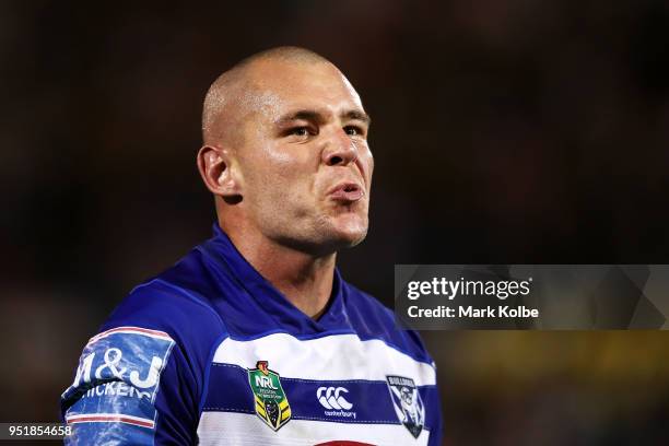 David Klemmer of the Bulldogs looks dejected as he walks to the sin bin for ten minutes during the NRL round eight match between the Penrith Panthers...