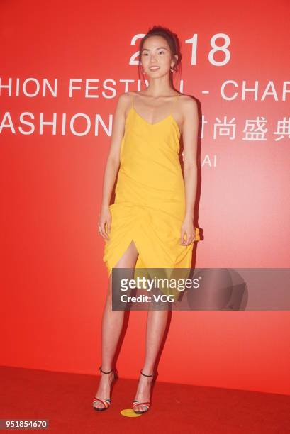 Model Xiao Wen Ju poses on the red carpet of 2018 Hyfashion Digital Fashion Festival on April 26, 2018 in Shanghai, China.
