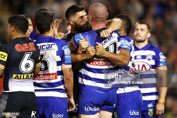 James Tamou of the Panthers and David Klemmer of the Bulldogs exchange heated words as players scuffle during the NRL round eight match between the...