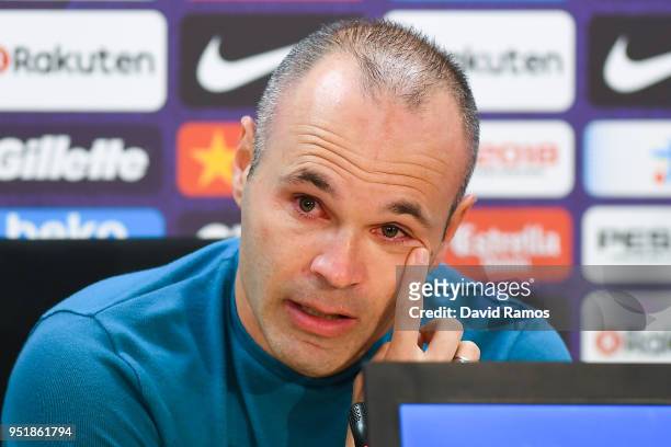 Andres Iniesta of FC Barcelona faces the media during a press conference at the Ciutat Deportiva Joan Gamper on April 27, 2018 in Barcelona, Spain....