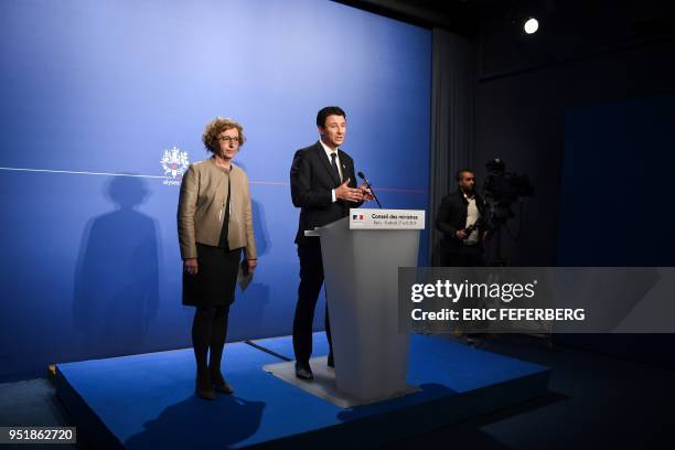 French Labour Minister Muriel Penicaud and French Government's Spokesperson Benjamin Griveaux give a press conference on April 27 following the...