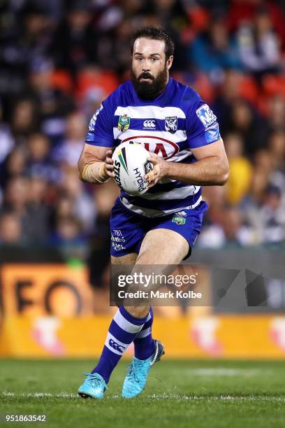 Aaron Woods of the Bulldogs runs the ball during the NRL round eight match between the Penrith Panthers and Canterbury Bulldogs on April 27, 2018 in...