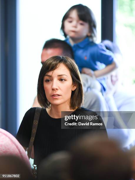 Andres Iniesta's wife Anna Ortiz arrives for a press conference of Andres Iniesta of FC Barcelona at the Ciutat Deportiva Joan Gamper on April 27,...