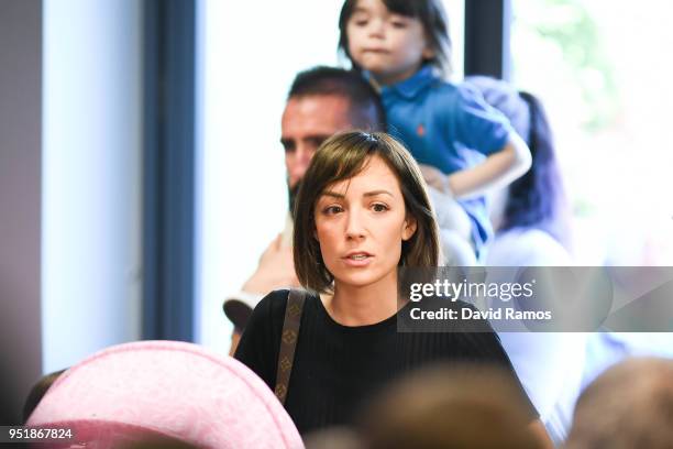 Andres Iniesta's wife Anna Ortiz arrives for a press conference of Andres Iniesta of FC Barcelona at the Ciutat Deportiva Joan Gamper on April 27,...