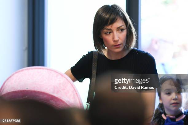 Andres Iniesta's wife Anna Ortiz arrives for a press conference of Andres Iniesta of FC Barcelona at the Ciutat Deportiva Joan Gamper on April 27,...