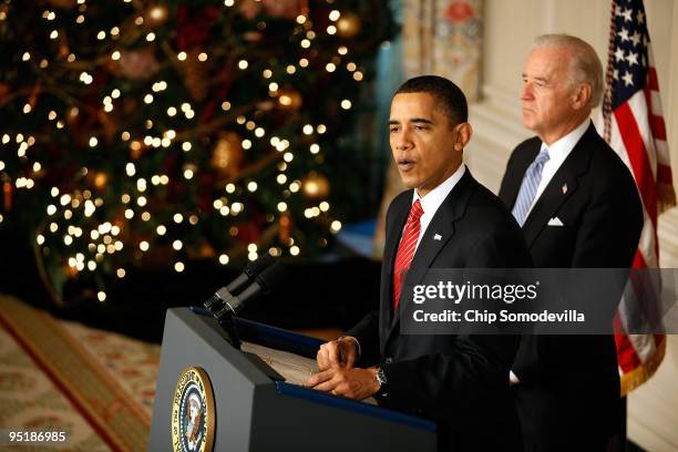 President Barack Obama delivers remarks with Vice President Joe Biden after the Senate passed their version of health care reform legislation in the...