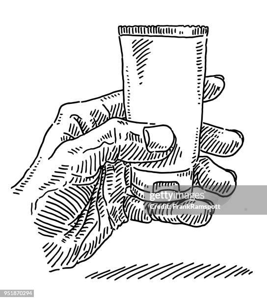 hand holding cosmetics container drawing - cosmetics packaging stock illustrations