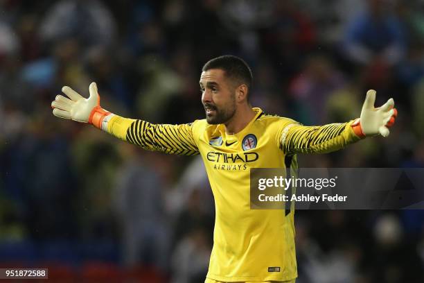Dean Bouzanis of Melbourne City in action during the A-League Semi Final match between the Newcastle Jets and Melbourne City at McDonald Jones...