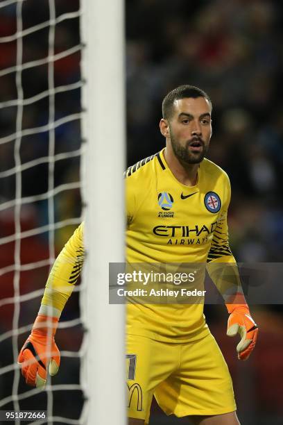 Dean Bouzanis of Melbourne City in action during the A-League Semi Final match between the Newcastle Jets and Melbourne City at McDonald Jones...