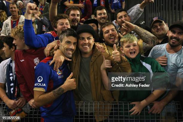 Jason Hoffman of the Jets celebrates with fans during the A-League Semi Final match between the Newcastle Jets and Melbourne City at McDonald Jones...