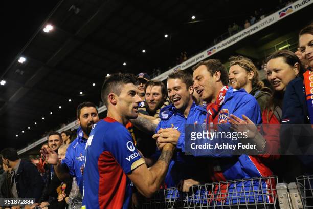 Jason Hoffman of the Jets celebrates with fans during the A-League Semi Final match between the Newcastle Jets and Melbourne City at McDonald Jones...