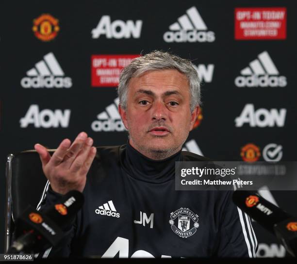 Manager Jose Mourinho of Manchester United speaks during a press conference at Aon Training Complex on April 27, 2018 in Manchester, England.