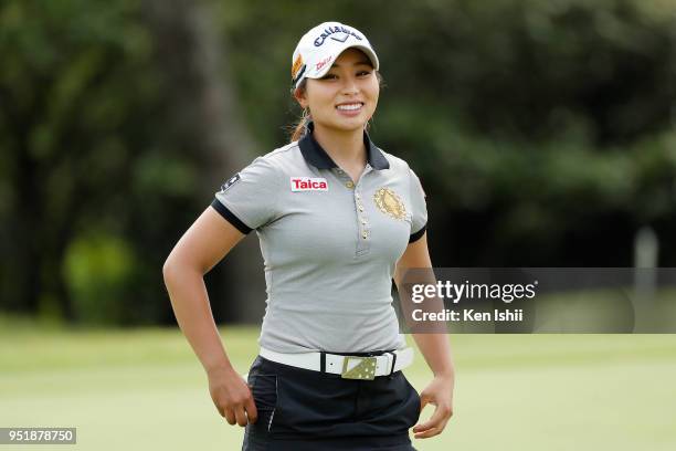 Miyuki Takeuchi of Japan smiles during the first round of the CyberAgent Ladies Golf Tournament at Grand fields Country Club on April 27, 2018 in...