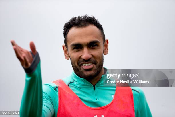 Ahmed Elmohamady of Aston Villa in action during a training session at the club's at the Recon Training Complex on April 27, 2018 in Birmingham,...