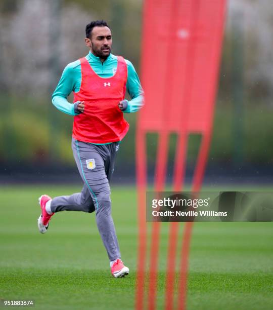 Ahmed Elmohamady of Aston Villa in action during a training session at the club's at the Recon Training Complex on April 27, 2018 in Birmingham,...