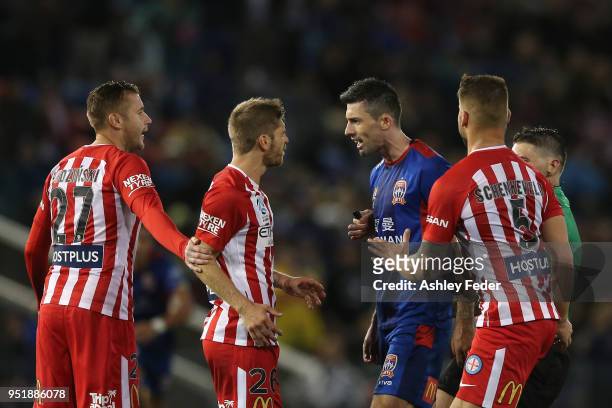 Jets and City players during an altercation during the A-League Semi Final match between the Newcastle Jets and Melbourne City at McDonald Jones...
