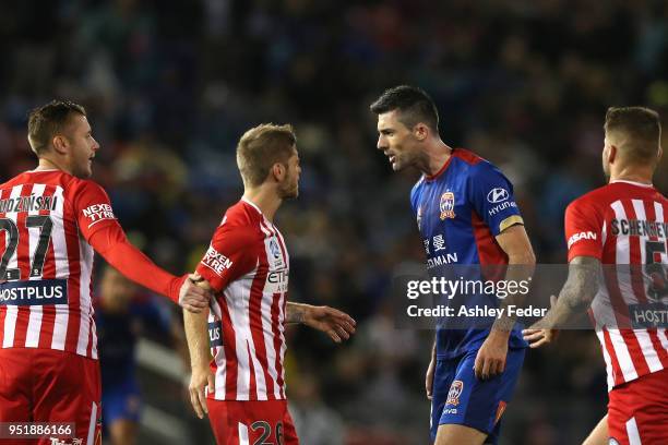 Jets and City players during an altercation during the A-League Semi Final match between the Newcastle Jets and Melbourne City at McDonald Jones...