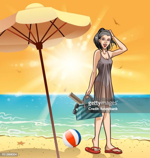 illustrations, cliparts, dessins animés et icônes de natation fille - sac de plage