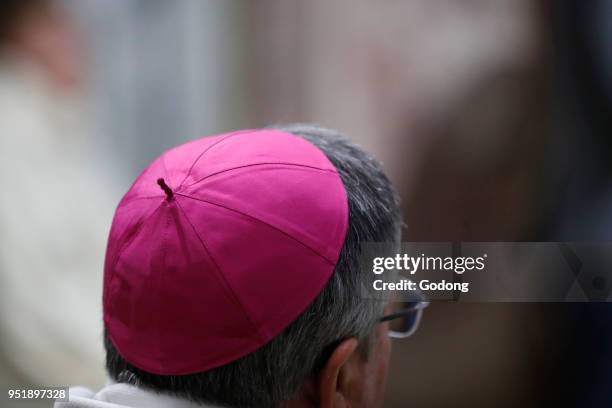 Bishop with a purple zucchetto. Valgrisenche, Italy.