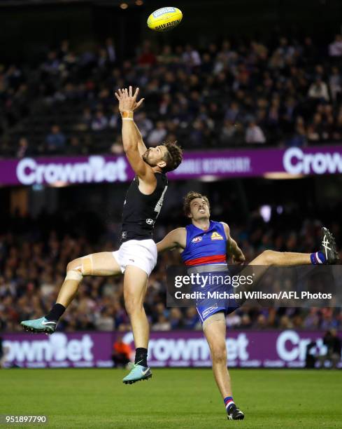 Levi Casboult of the Blues and Zaine Cordy of the Bulldogs in action during the 2018 AFL round six match between the Western Bulldogs and the Carlton...