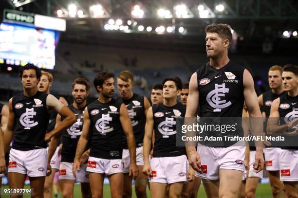 Sam Rowe of the Blues look dejected after a loss during the 2018 AFL round six match between the Western Bulldogs and the Carlton Blues at Etihad...