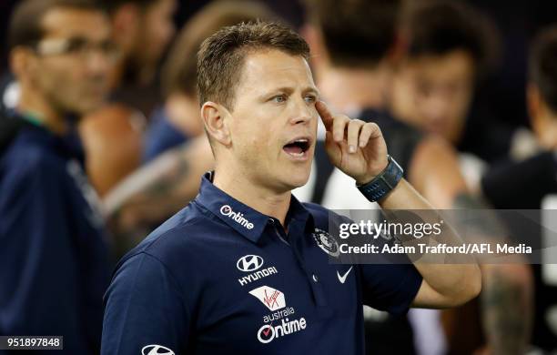 Brendon Bolton, Senior Coach of the Blues looks on during the 2018 AFL round six match between the Western Bulldogs and the Carlton Blues at Etihad...