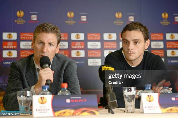 Gent's head coach Francky Dury and Gent's Stef Wils are pictured during a press conference ahead of the return league of the UEFA Europa League Group...