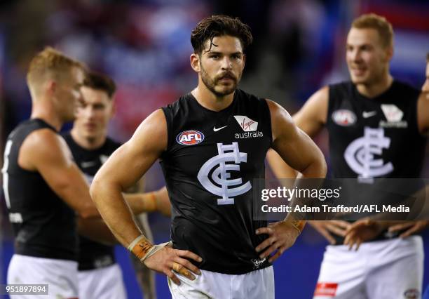 Levi Casboult of the Blues looks dejected after a loss during the 2018 AFL round six match between the Western Bulldogs and the Carlton Blues at...