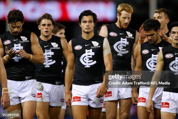 Jack Silvagni of the Blues looks dejected after a loss during the 2018 AFL round six match between the Western Bulldogs and the Carlton Blues at...