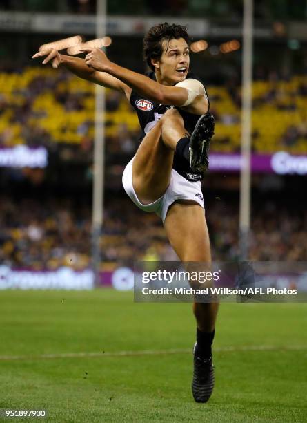 Jack Silvagni of the Blues in action during the 2018 AFL round six match between the Western Bulldogs and the Carlton Blues at Etihad Stadium on...