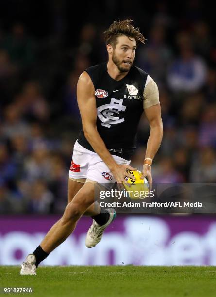 Dale Thomas of the Blues in action during the 2018 AFL round six match between the Western Bulldogs and the Carlton Blues at Etihad Stadium on April...