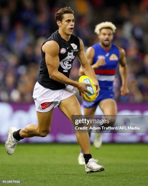 Ed Curnow of the Blues in action during the 2018 AFL round six match between the Western Bulldogs and the Carlton Blues at Etihad Stadium on April...